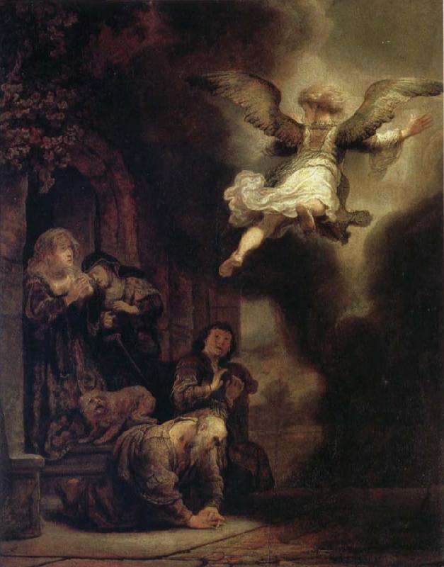 REMBRANDT Harmenszoon van Rijn The Archangel Raphael Taking Leave of the Tobit Family France oil painting art